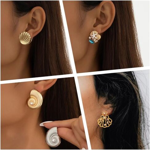 Chunky Gold Earring for Women Seashell Earrings Ocean Conch shell Earrings set Cute Pearl Earring Clip on Everyday Earring for Women in Saudi Arabia