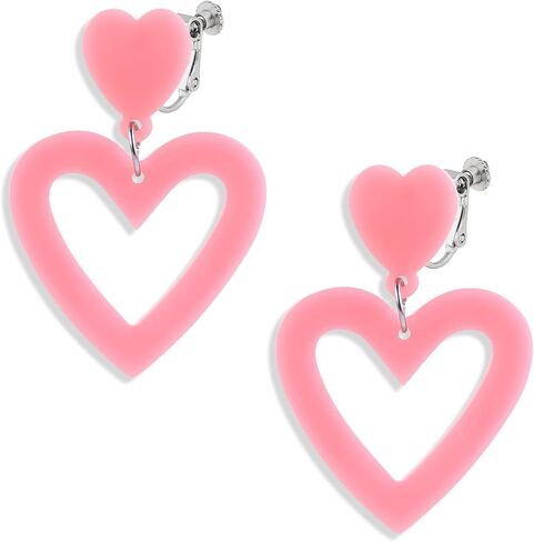 Hot Pink Heart Love Earrings for Women Clip on Dangle Drop Earrings Non Pierced 70s 80s 90s Retro Neon Jewelry in Saudi Arabia