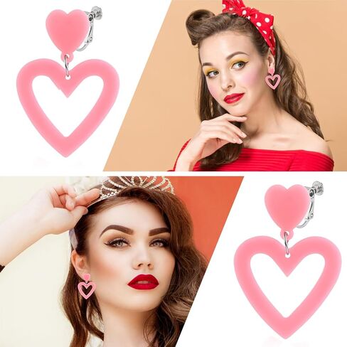 Hot Pink Heart Love Earrings for Women Clip on Dangle Drop Earrings Non Pierced 70s 80s 90s Retro Neon Jewelry in Saudi Arabia