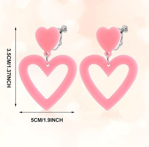 Hot Pink Heart Love Earrings for Women Clip on Dangle Drop Earrings Non Pierced 70s 80s 90s Retro Neon Jewelry in Saudi Arabia