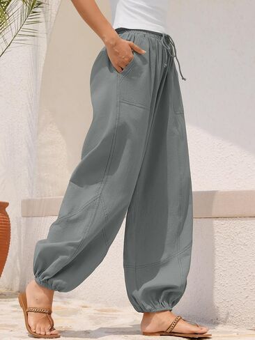 Zaful Women Linen Pants Summer Cinch Bottom Leg realtring الخصر غير الرسمي بانت 2025 ملابس عطلات السفر مع جيوب in Kuwait