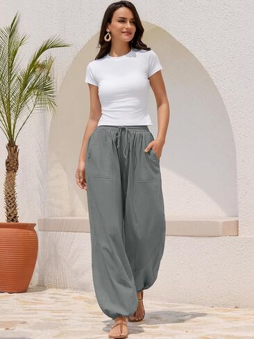 Zaful Women Linen Pants Summer Cinch Bottom Leg realtring الخصر غير الرسمي بانت 2025 ملابس عطلات السفر مع جيوب in Kuwait