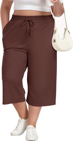 Cheapestbuy Women's Plus Size Capris Wide Leg Crop Casual Pants Comfy Summer Pants with Pockets Drawstring in Saudi Arabia