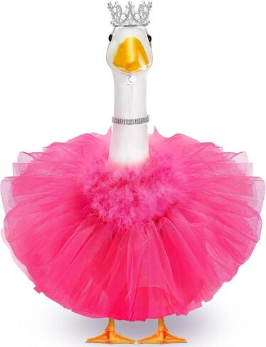 4 Pcs Princess Porch Goose Outfit for 23" 17" Cement Lawn Goose Costume Crown Necklace Tutu Skirt Feather Trim for Princess Outdoor Garden Lawn Art Decor(Rose Red) in Saudi Arabia