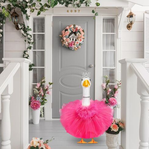 4 Pcs Princess Porch Goose Outfit for 23" 17" Cement Lawn Goose Costume Crown Necklace Tutu Skirt Feather Trim for Princess Outdoor Garden Lawn Art Decor(Rose Red) in Saudi Arabia