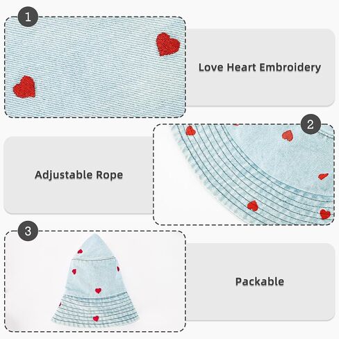 Denim Heart Bucket Hats, Packable Beach Jean Hat Cotton Summer Lightweight Wide Brim Cap, Outdoor Fishermen Hat in Kuwait