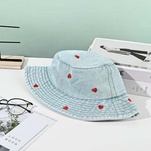 Denim Heart Bucket Hats, Packable Beach Jean Hat Cotton Summer Lightweight Wide Brim Cap, Outdoor Fishermen Hat in Kuwait