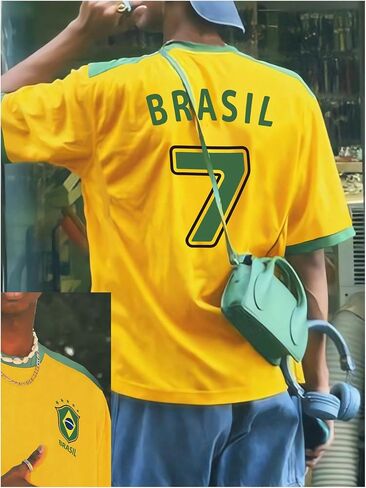 WDIRARA Men's Brazil Soccer Jersey Crew Neck Graphic T Shirt Short Sleeve Ringer Tee in Saudi Arabia