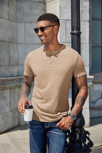 COOFANDY Men's Henley Shirts Short Sleeve Casual Basic Henley Tee Summer Button Lightweight Stretch T Shirts in Kuwait