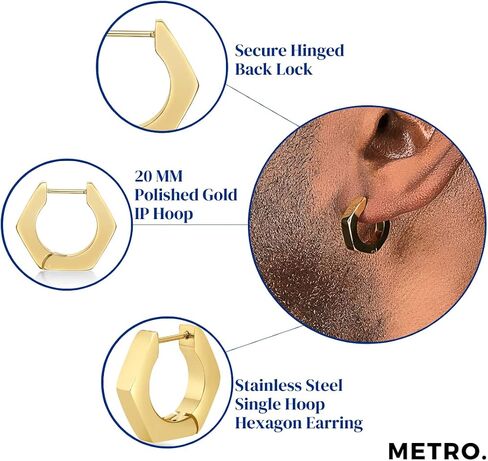 Stainless Steel Hexagon Single Hoop Earring with Yellow Gold or Black Ion Plating 4 mm Wide Hinged Hoop by Metro Jewelry in Saudi Arabia