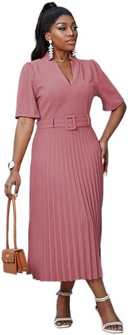 HuiSiFang Women's Elegant Pleated Dress Dressy Short Sleeve Elegant Formal A Line Dresses with Belt in Saudi Arabia