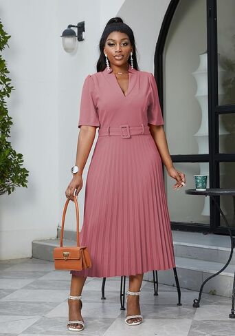 HuiSiFang Women's Elegant Pleated Dress Dressy Short Sleeve Elegant Formal A Line Dresses with Belt in Saudi Arabia