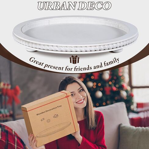 Urban Deco Decorative Trays for Home Decor, White Stripes Perfume Tray, Oval Wooden Trays for Coffee Table and Tea Tray for Living Room, Kitchen, Farmhouse Decor (1-Pk) in Kuwait
