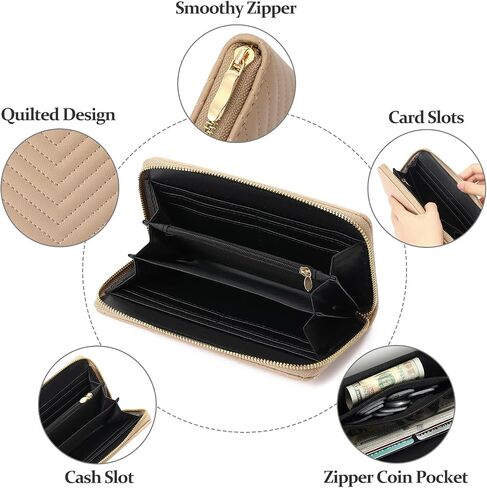 GAEKEAO Wallet for Women Embroidered Wallets Clutch RFID Blocking Leather Large Capacity Credit Card Holder Ladies Purses with Zipper Coins Pocket Khaki in Kuwait