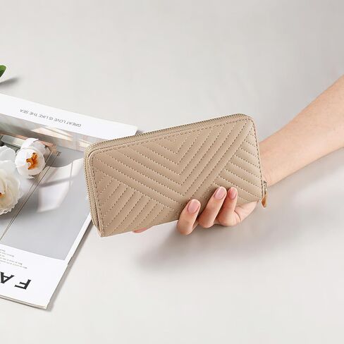GAEKEAO Wallet for Women Embroidered Wallets Clutch RFID Blocking Leather Large Capacity Credit Card Holder Ladies Purses with Zipper Coins Pocket Khaki in Kuwait
