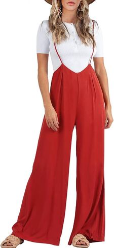 FSHAOES Womens Suspender Overalls High Waist Loose Sleeveless Wide Leg Jumpsuit Spaghetti Strap Baggy Long Romper in Saudi Arabia