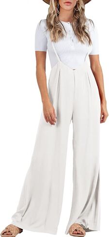 FSHAOES Womens Suspender Overalls High Waist Loose Sleeveless Wide Leg Jumpsuit Spaghetti Strap Baggy Long Romper in Saudi Arabia