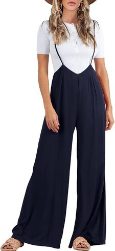 FSHAOES Womens Suspender Overalls High Waist Loose Sleeveless Wide Leg Jumpsuit Spaghetti Strap Baggy Long Romper in Saudi Arabia