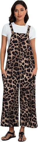 OYOANGLE Women's Leopard Print Strap Bib Overalls Sleeveless Straight Leg Long Jumpsuits with Pocket in Saudi Arabia