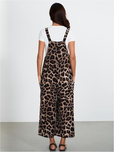 OYOANGLE Women's Leopard Print Strap Bib Overalls Sleeveless Straight Leg Long Jumpsuits with Pocket in Saudi Arabia