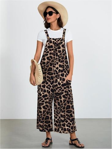 OYOANGLE Women's Leopard Print Strap Bib Overalls Sleeveless Straight Leg Long Jumpsuits with Pocket in Saudi Arabia