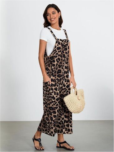 OYOANGLE Women's Leopard Print Strap Bib Overalls Sleeveless Straight Leg Long Jumpsuits with Pocket in Saudi Arabia
