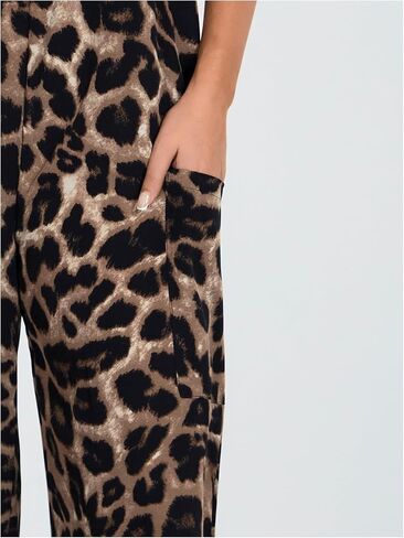 OYOANGLE Women's Leopard Print Strap Bib Overalls Sleeveless Straight Leg Long Jumpsuits with Pocket in Saudi Arabia