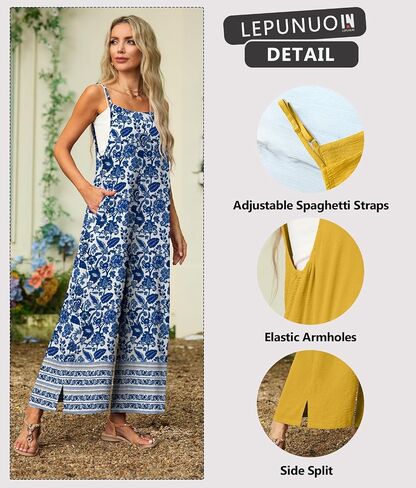 Lepunuo Womens Casual Loose Jumpsuits Summer Boho Wide Leg Rompers Sleeveless Overalls with Pockets in Saudi Arabia