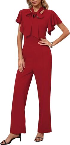 WanMem Jumpsuits for Women Ruffled Sleeveless Romper V-Neck High Waist Loose Long Wide Pants Jumpsuit in Saudi Arabia