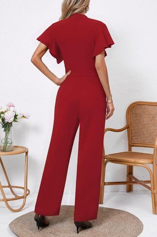 WanMem Jumpsuits for Women Ruffled Sleeveless Romper V-Neck High Waist Loose Long Wide Pants Jumpsuit in Saudi Arabia