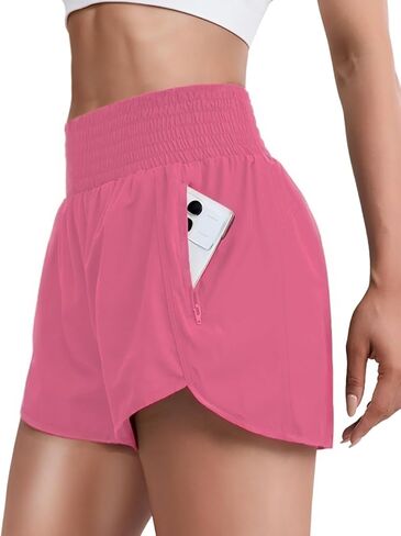 Women Zipper Workout Shorts High Waisted Quick Dry Running Athletic Shorts Liner with Pockets Gym Fitness Side Slit in Saudi Arabia
