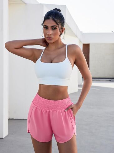 Women Zipper Workout Shorts High Waisted Quick Dry Running Athletic Shorts Liner with Pockets Gym Fitness Side Slit in Saudi Arabia