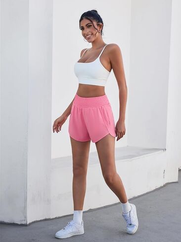Women Zipper Workout Shorts High Waisted Quick Dry Running Athletic Shorts Liner with Pockets Gym Fitness Side Slit in Saudi Arabia