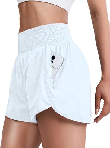 Women Zipper Workout Shorts High Waisted Quick Dry Running Athletic Shorts Liner with Pockets Gym Fitness Side Slit in Saudi Arabia