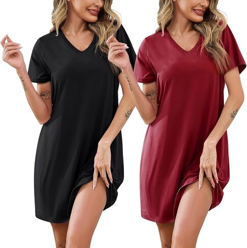 Marvmys Women 2 Pack Lightgowns Soft Short Sleeve Sleep Stirts Sleepwear v الرقبة المريحة صالة Nightshirts in Saudi Arabia