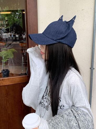 Y2K Fox Ears Cap Baseball With Iron Ring للجنسين جينز أبي قبعة حيوانات حيوانات الجرونج الجمالية قبعة جمالية in Kuwait