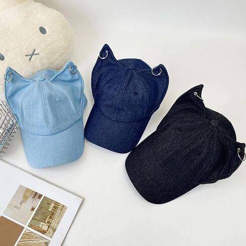 Y2K Fox Ears Cap Baseball With Iron Ring للجنسين جينز أبي قبعة حيوانات حيوانات الجرونج الجمالية قبعة جمالية in Kuwait