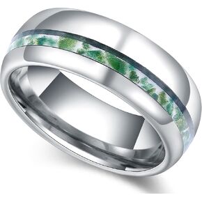 8mm Tungsten Rings for Men White Gold Men's Wedding Engagement Promise Bands with Moss Agate Chips Inlay Art Deco Dome Polished Daily Wear Comfort Fit Size 7-14