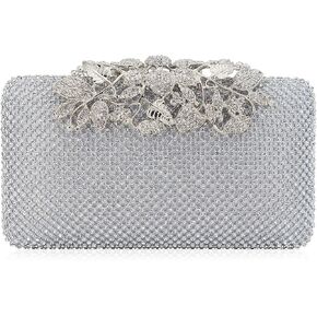 Dexmay Rhinestone Crystal Clutch Evening Bag with Flower Clasp Women Purse for Wedding Silver