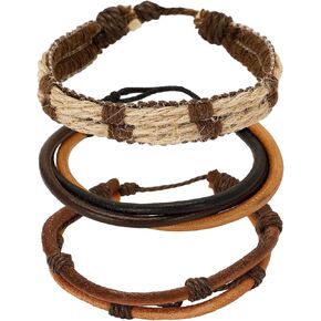 Goufaju 3 Pcs Vintage Leather Bracelet for Men Women Adjustable Men Leather Bracelets Braided Multilayer Leather Brown Wristband