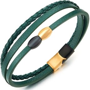 COOLSTEELANDBEYOND Three-Strand Green Braided Leather Bangle Bracelet with Gold Black Steel Bead Charm, Magnetic Clasp