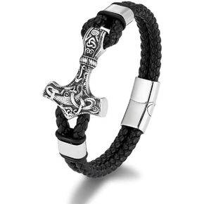 Men Leather Braided Viking Bracelet,Thor's Braided Wristband Gothic Punk Cuff Stainless Steel Buckle Bracelet for Men,21CM/8.2"