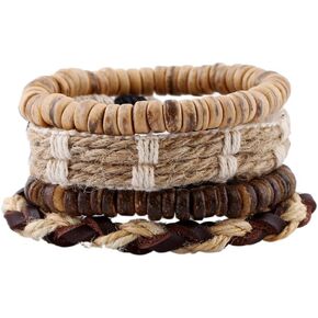 Leather Bracelet Set for Men Women, Multilayer Hemp Cords Tribal Braided Design, Ethnic Wood Beads Wrap Wristbands, 4 Pack, 6.5-8.5 Inches