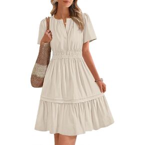BTFBM Women's Casual Dresses 2025 Summer Spring V Neck Short Sleeve Sundress Smocked Waist A Line Tiered Mini Dress
