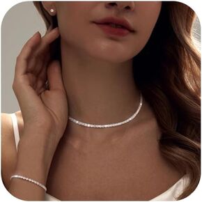 Tennis Necklace Bracelet for Women, Dainty Sterling Sliver Choker Necklace Crystal Link Bracelet Stud Earrings for Women Wedding Jewelry for Bride Jewelry Set Accessories