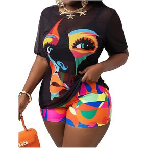 Women's 3 Piece Plus Size Swimsuit Tankini Shorts Set High Waisted Bathing Suit Graphic Beachwear with Mesh Cover Up