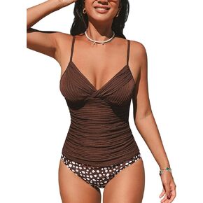 CUPSHE Women's Tankini Sets Two Piece Swimsuit V Neck Bathing Suit Adjustable Spaghetti Straps Ruched Mid Rise Textured