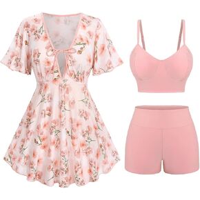 Rosegal Women Plus Size 3 Piece Tankini Swimsuits Bathing Suits with Floral Swim Dress Boy Shorts with Cami Swim Top