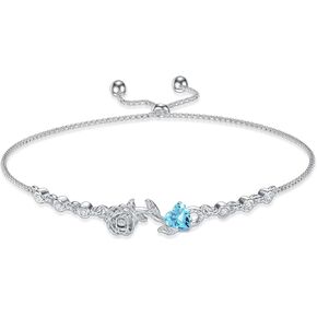 OCJ Rose Flower Birthstone Bracelet for Women Sterling Silver Adjustable Slider Bolo Bracelets Anniversary Birthday Jewelry Gifts for Wife, Girlfriend, Mom, Sister