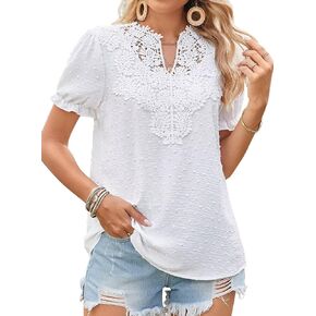 Womens Summer Tops Boho Short Sleeve Shirts V Neck Casual Chiffon Blouses Flowy Lace Hem Spring Clothing Trendy 2025